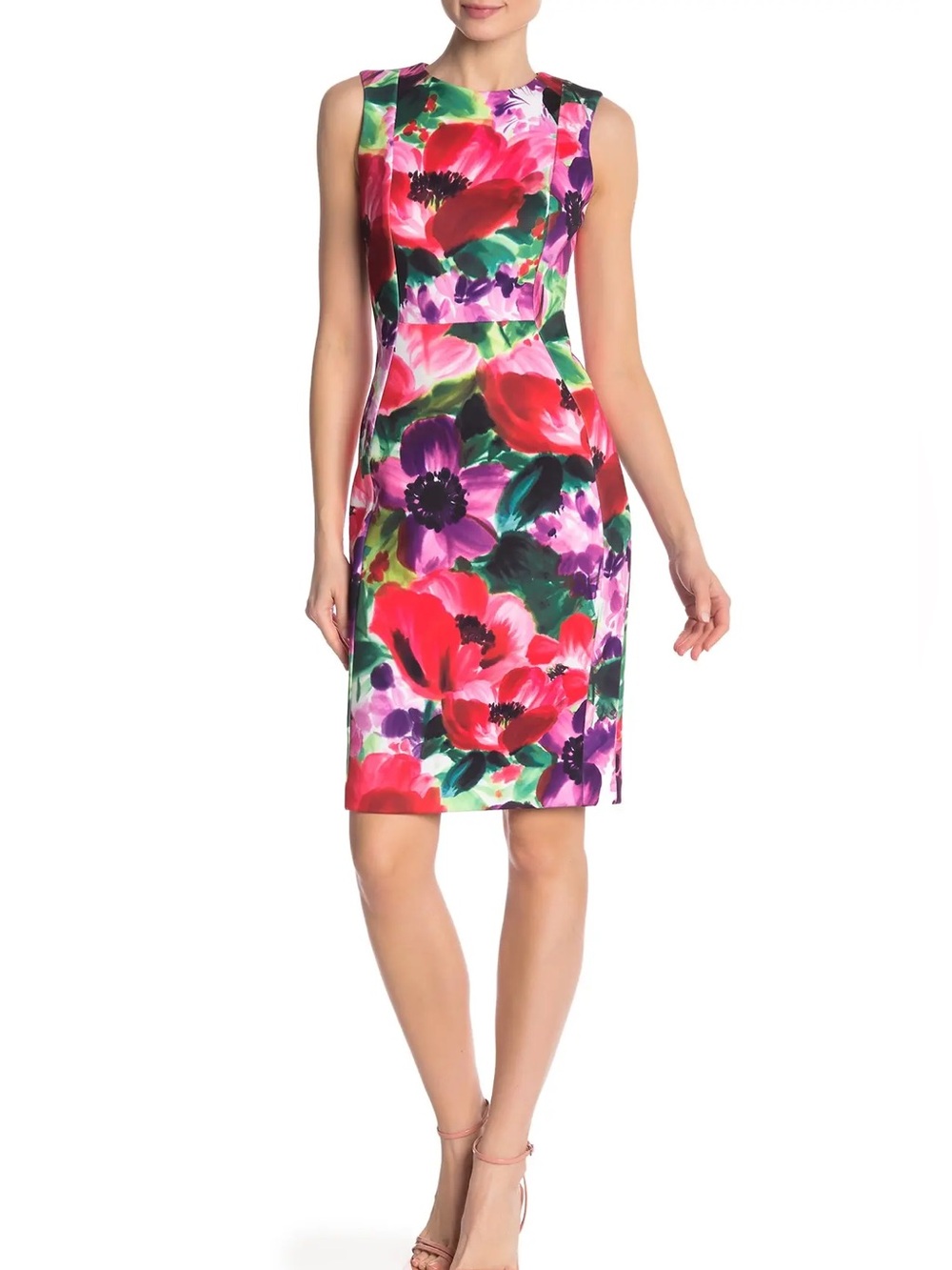 Calvin Klein Vibrant Floral Sheath Dress in Red, Pink, Purple, Green